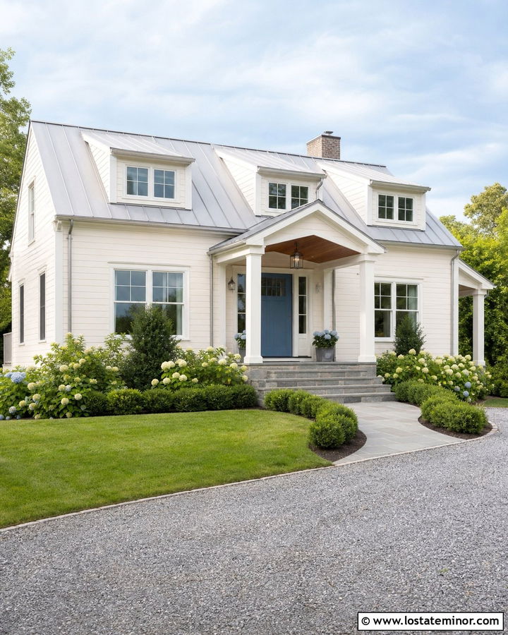 Warm White House With Blue Portico Door - 30 Warm White House Design With Portico Ideas
