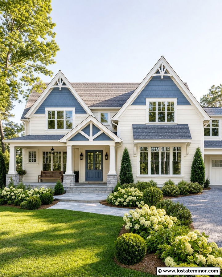 Warm White House With Blue Shingle Gables - 30 Warm White House Design With Shingles Ideas