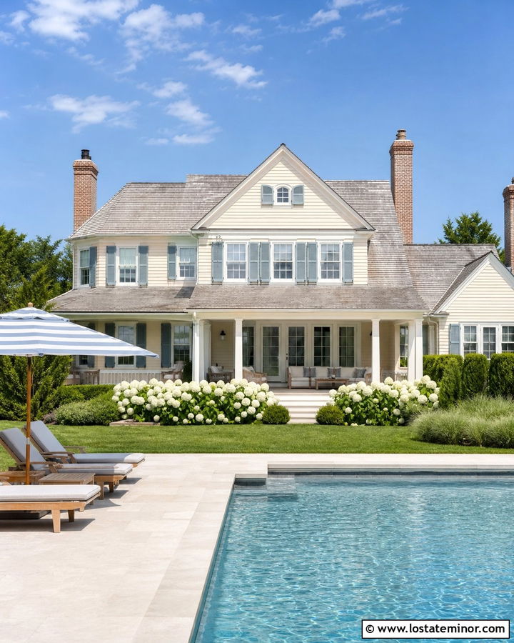 Warm White House With Blue Shutters And Pool - 30 Warm White House Design With Swimming Pool Ideas