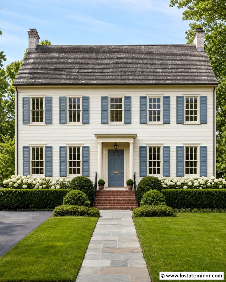 Warm White House With Blue Shutters - 30 Warm White House Design With Accents Ideas