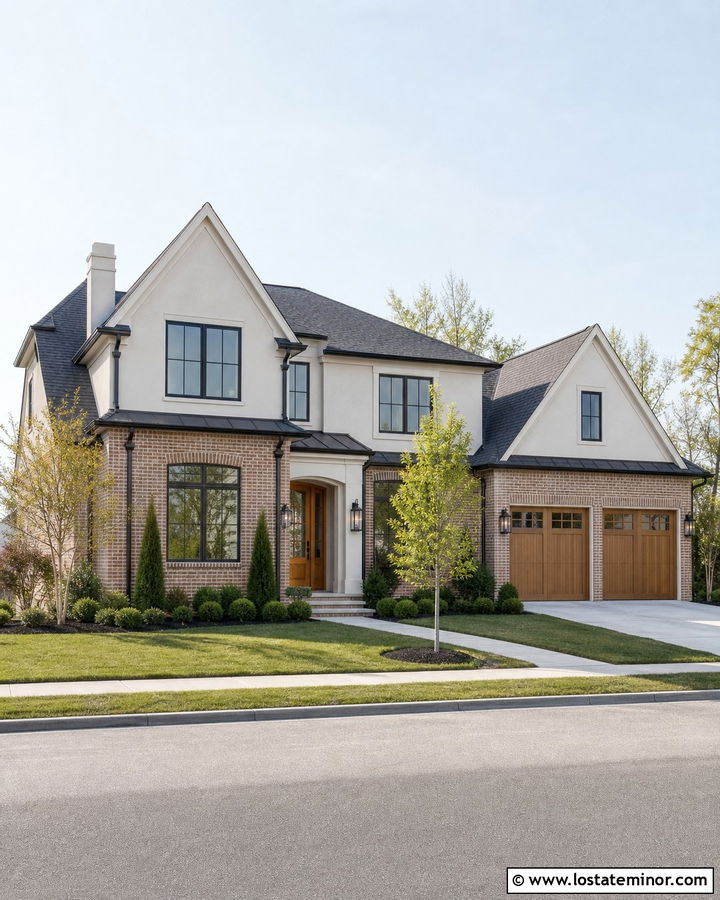 Warm White House With Brick And Black Windows - 30 Warm White House Design With Brick Accents Ideas