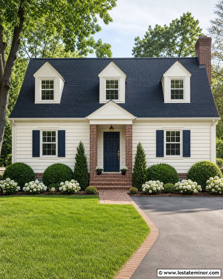 Warm White House With Brick And Navy Door - 30 Warm White House Design With Brick Accents Ideas