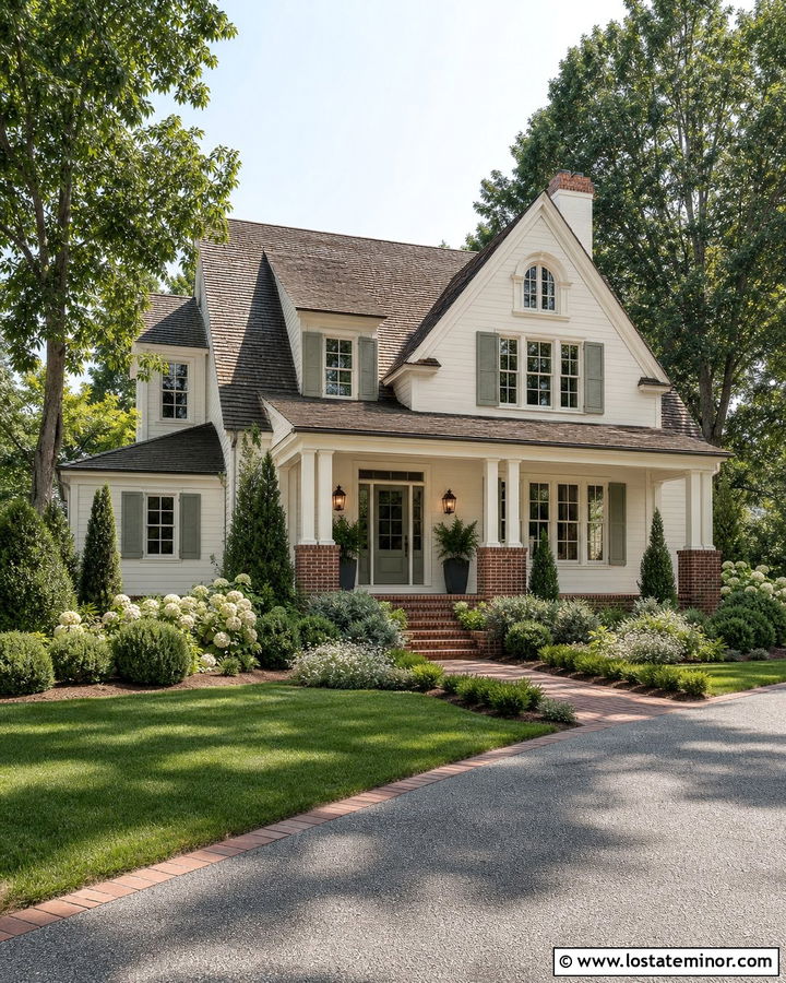 Warm White House With Brick And Sage Shutters - 30 Warm White House Design With Brick Accents Ideas