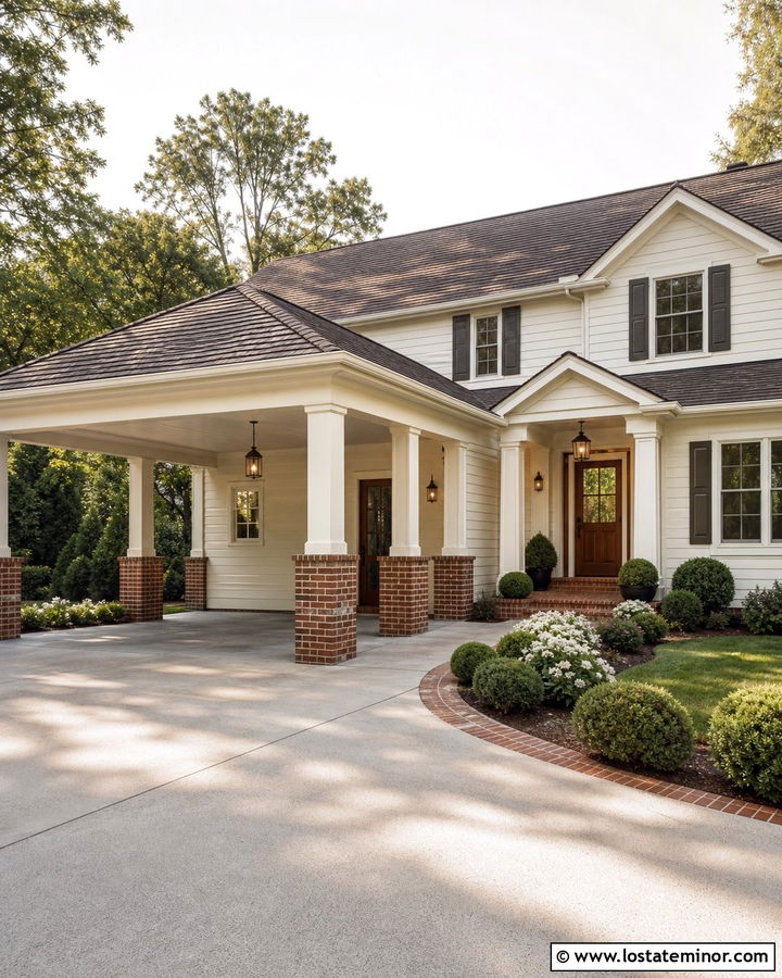 Warm White House With Brick Carport Columns - 30 Warm White House Design With Carport Ideas