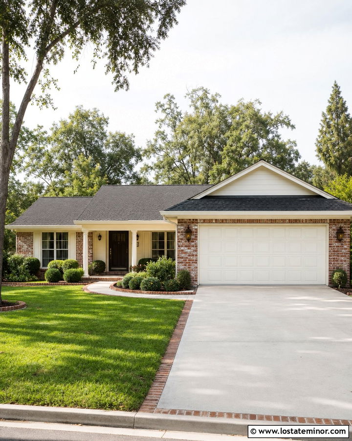 Warm White House With Brick Garage Surround - 30 Warm White House Design With Garage Door Ideas