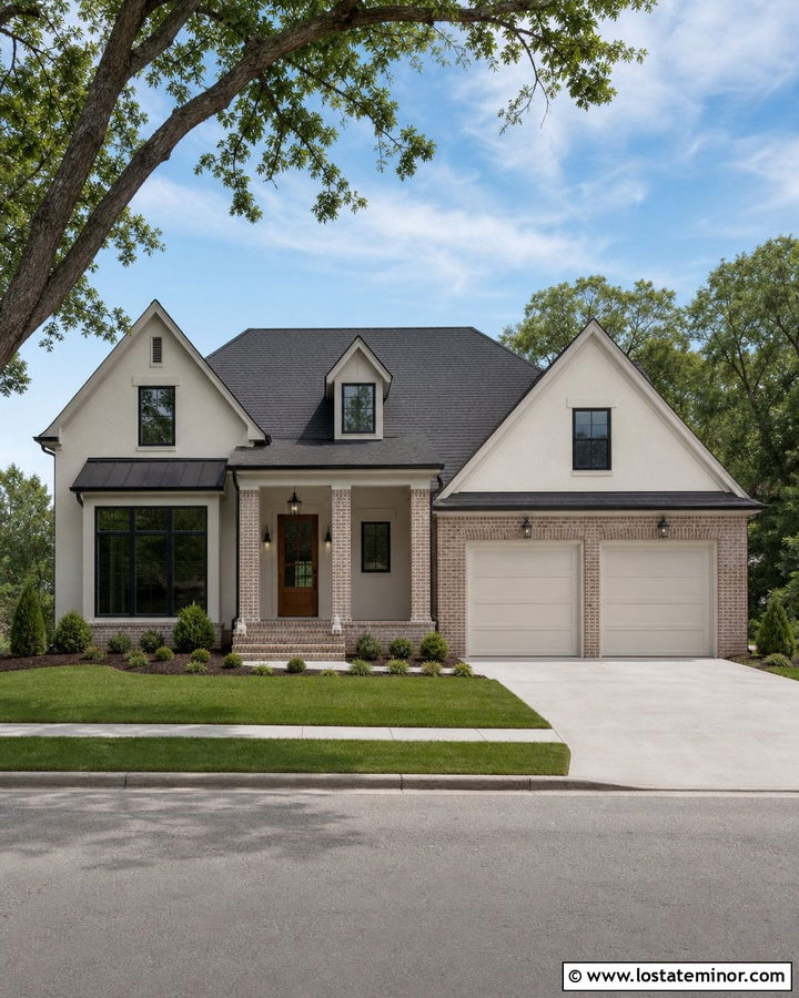 Warm White House With Brick Garage Surround - 30 Warm White House Design With Brick Accents Ideas