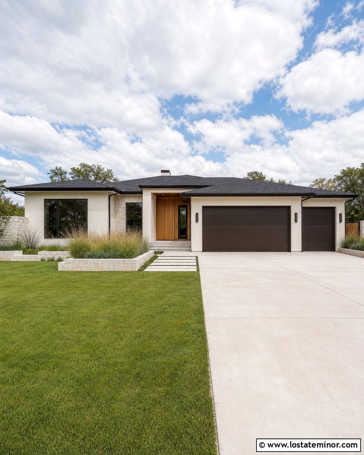 Warm White House With Bronze Garage Door - 30 Warm White House Design With Garage Door Ideas