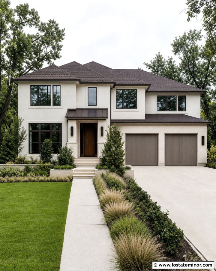 Warm White House With Bronze Metal Awning - 30 Warm White House Design With Awning Ideas