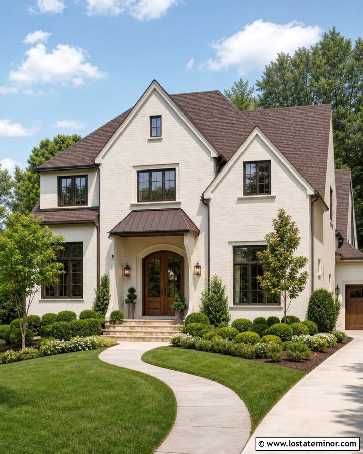 Warm White House With Brown Metal Awning - 30 Warm White House Design With Awning Ideas