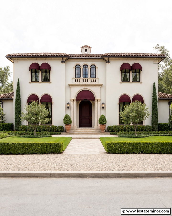 Warm White House With Burgundy Canvas Awning - 30 Warm White House Design With Awning Ideas