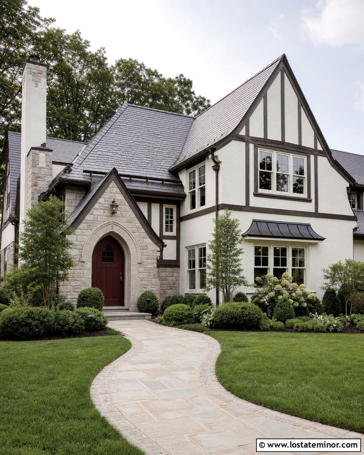 Warm White House With Burgundy Entry Door - 30 Warm White House Design With Entry Door Ideas