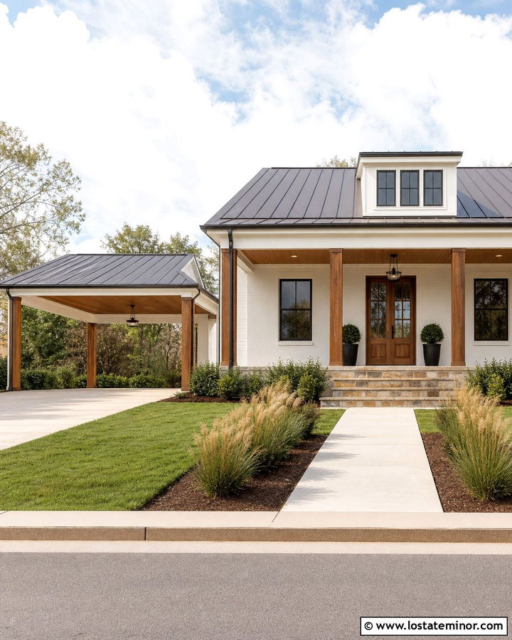 Warm White House With Carport And Front Porch - 30 Warm White House Design With Carport Ideas