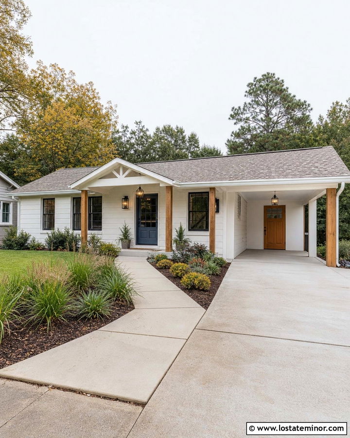 Warm White House With Carport And Side Entry - 30 Warm White House Design With Carport Ideas