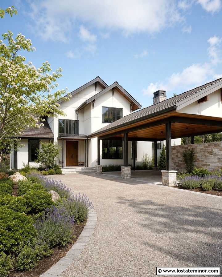 Warm White House With Carport And Stone Wall - 30 Warm White House Design With Carport Ideas