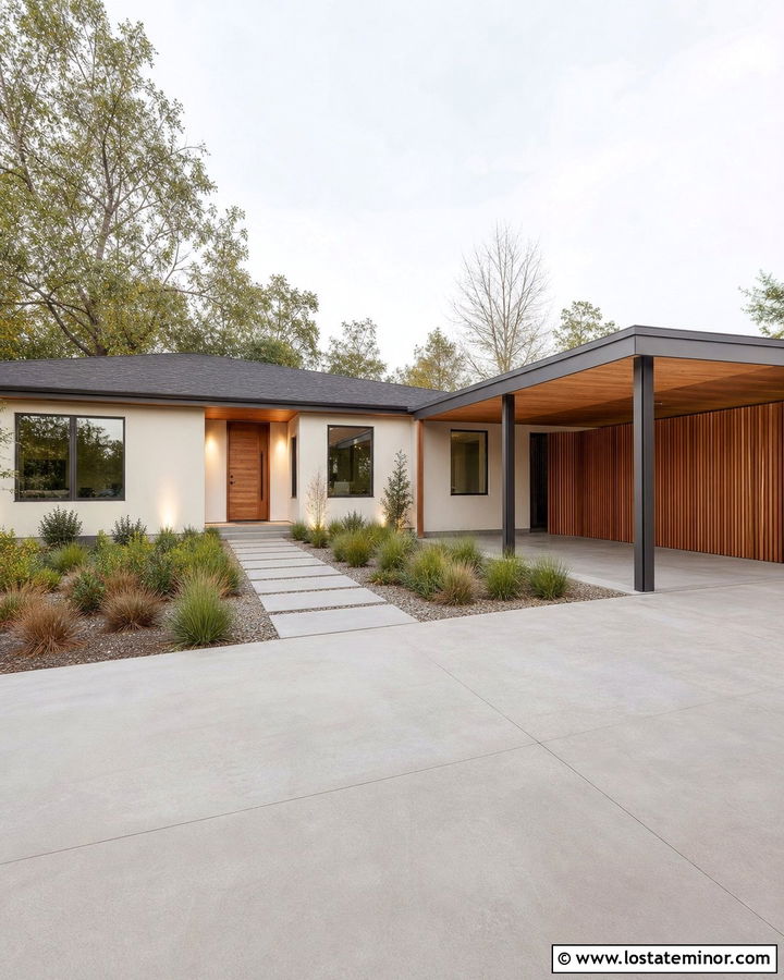 Warm White House With Carport And Wood Screen - 30 Warm White House Design With Carport Ideas