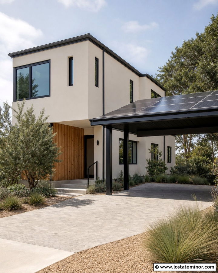 Warm White House With Carport Solar Roof - 30 Warm White House Design With Carport Ideas