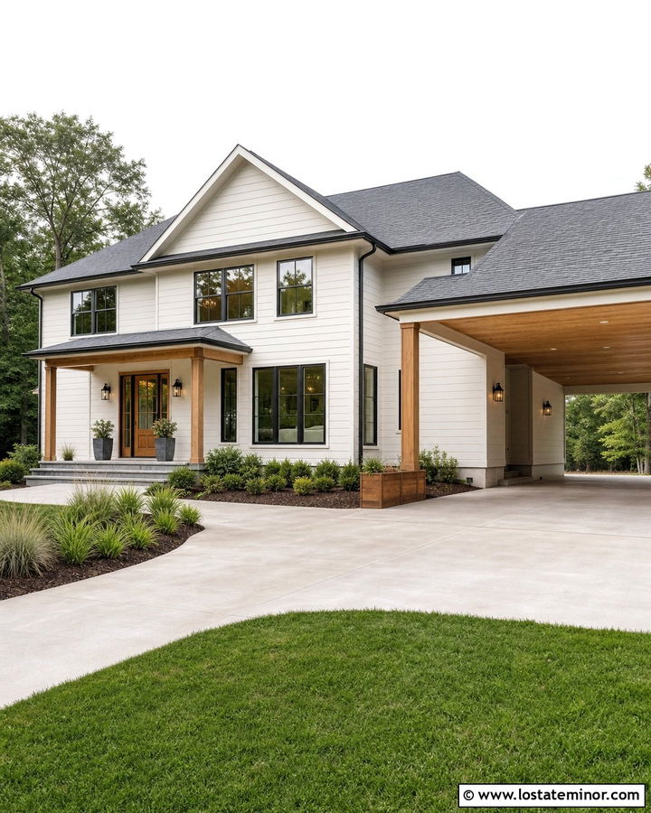 Warm White House With Cedar Carport Ceiling - 30 Warm White House Design With Carport Ideas
