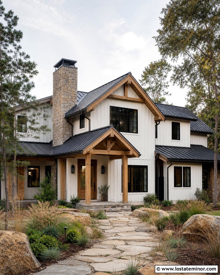 Warm White House With Cedar Entry Door - 30 Warm White House Design With Entry Door Ideas