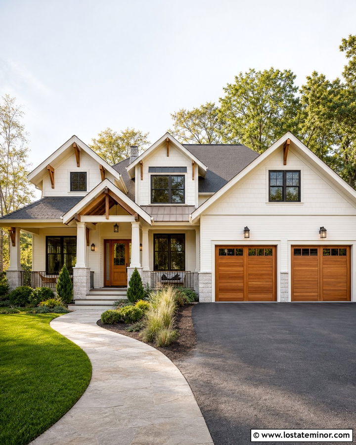 Warm White House With Cedar Garage Door - 30 Warm White House Design With Garage Door Ideas