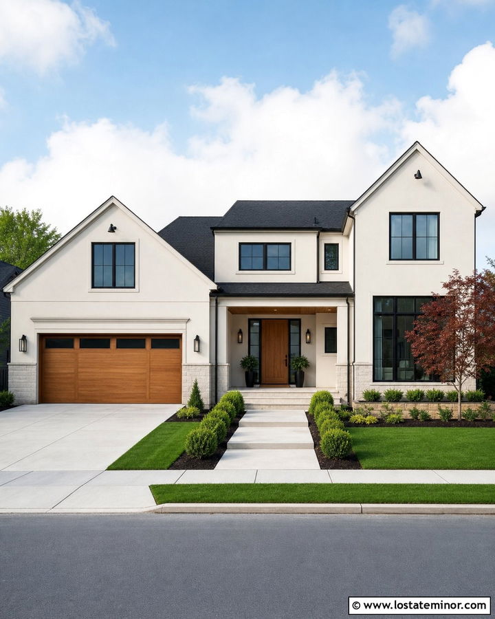 Warm White House With Cedar Garage Doors - 30 Warm White House Design With Light Fixtures Ideas