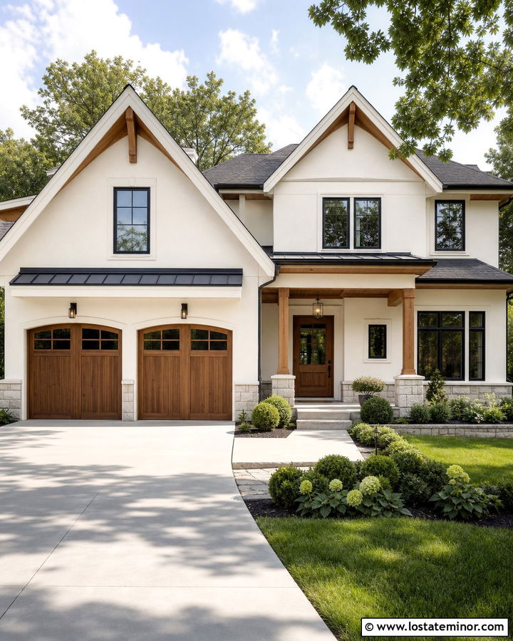 Warm White House With Cedar Garage Doors - 30 Warm White House Design With Accents Ideas
