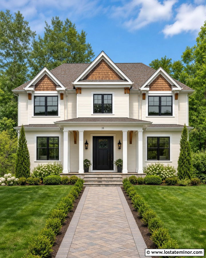 Warm White House With Cedar Shake And Black Door - 30 Warm White House Design With Cedar Shake Ideas