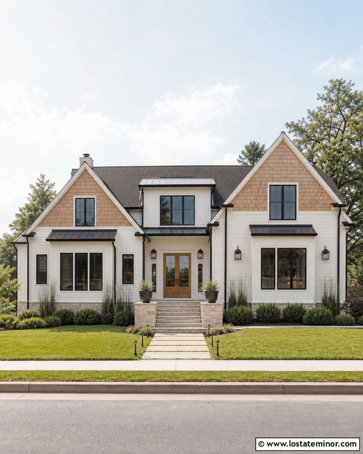 Warm White House With Cedar Shake And Black Windows - 30 Warm White House Design With Cedar Shake Ideas