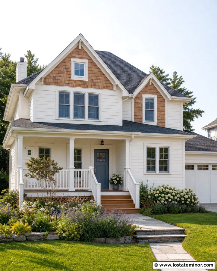 Warm White House With Cedar Shake And Blue Door - 30 Warm White House Design With Cedar Shake Ideas