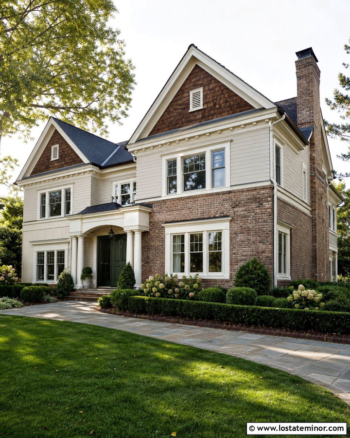 Warm White House With Cedar Shake And Brick - 30 Warm White House Design With Cedar Shake Ideas