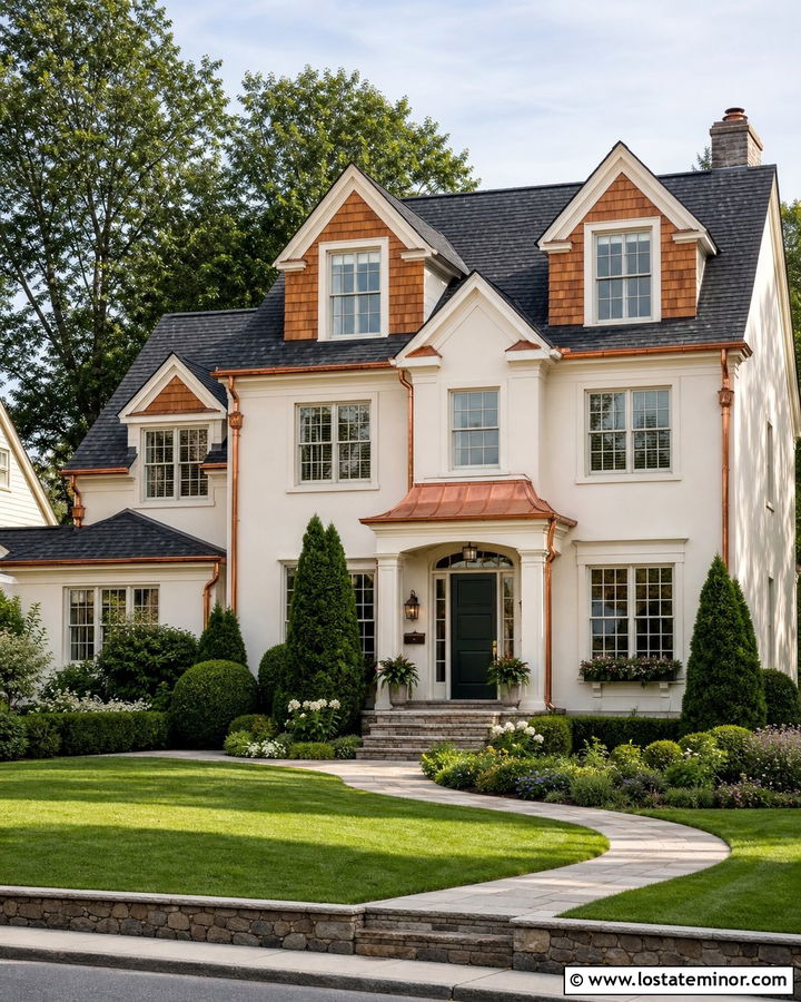 Warm White House With Cedar Shake And Copper Accents - 30 Warm White House Design With Cedar Shake Ideas