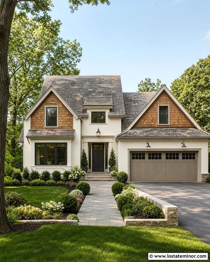Warm White House With Cedar Shake And Gray Roof - 30 Warm White House Design With Cedar Shake Ideas
