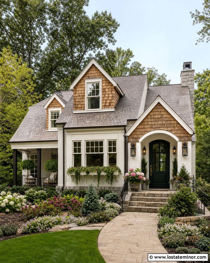Warm White House With Cedar Shake And Green Door - 30 Warm White House Design With Cedar Shake Ideas