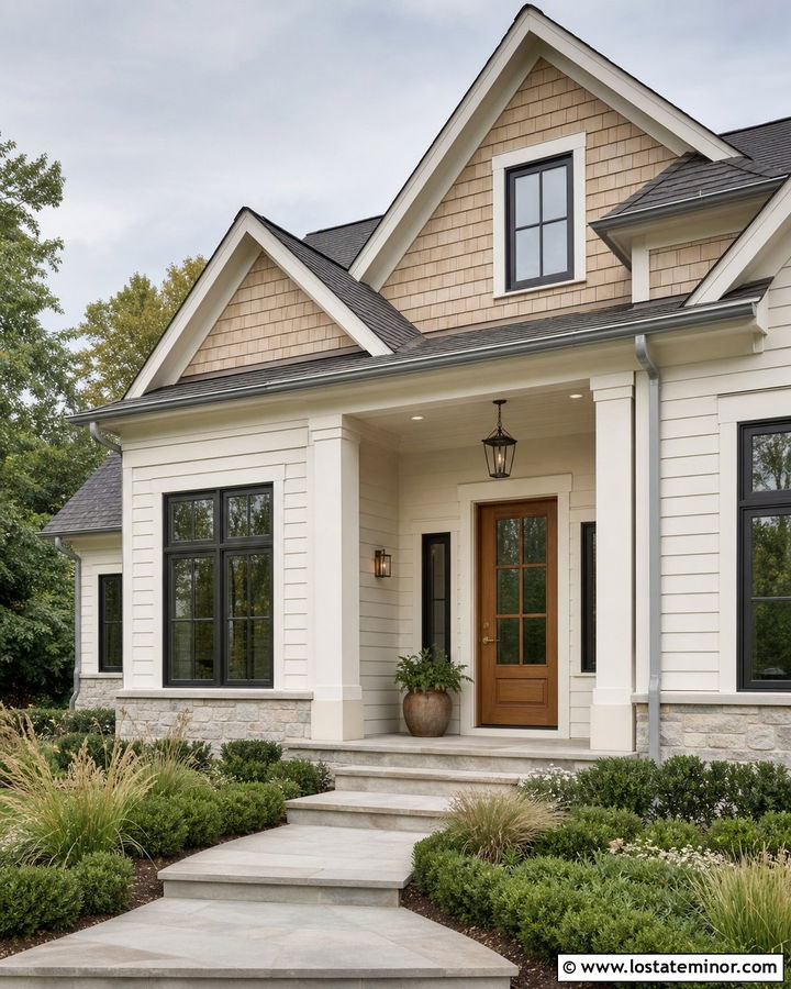 Warm White House With Cedar Shake And Wood Door - 30 Warm White House Design With Cedar Shake Ideas