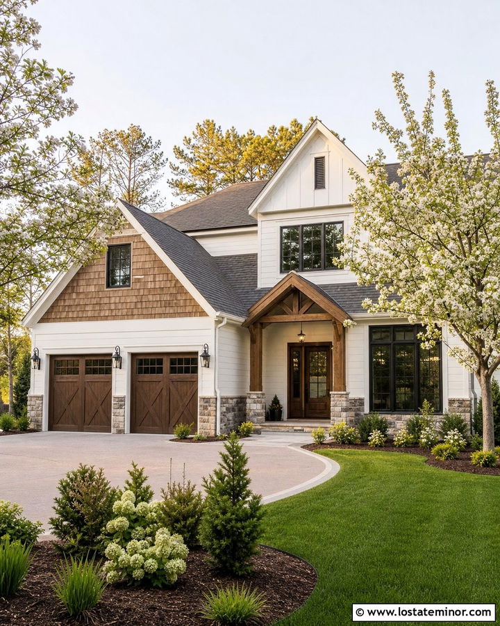 Warm White House With Cedar Shake Garage - 30 Warm White House Design With Cedar Shake Ideas