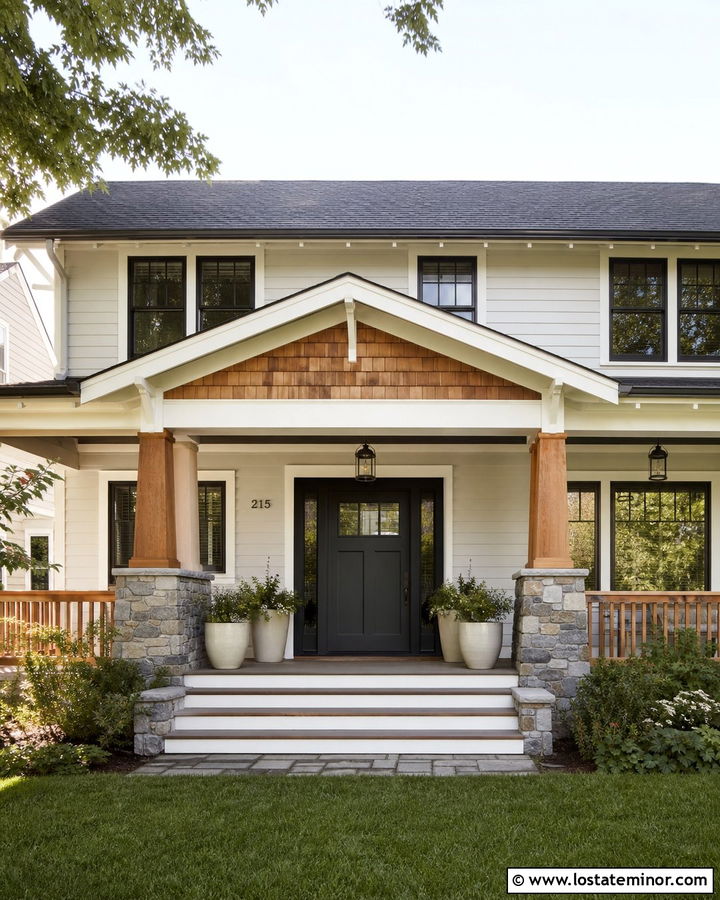 Warm White House With Cedar Shake Porch Columns - 30 Warm White House Design With Cedar Shake Ideas