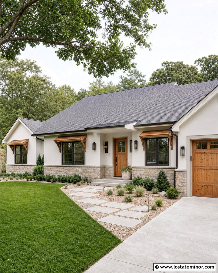 Warm White House With Cedar Window Awnings - 30 Warm White House Design With Awning Ideas