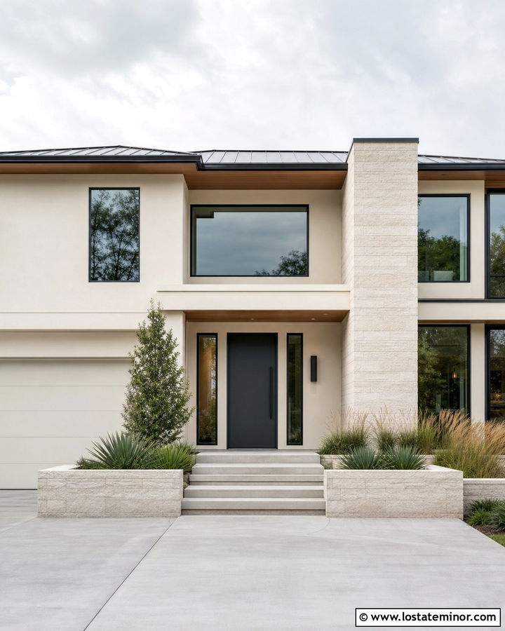 Warm White House With Charcoal Entry Door - 30 Warm White House Design With Entry Door Ideas