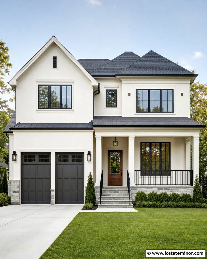 Warm White House With Charcoal Garage Door - 30 Warm White House Design With Garage Door Ideas