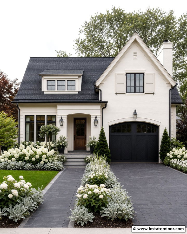 Warm White House With Charcoal Roof And White Flowers - 30 Warm White House Design With Landscaping Ideas
