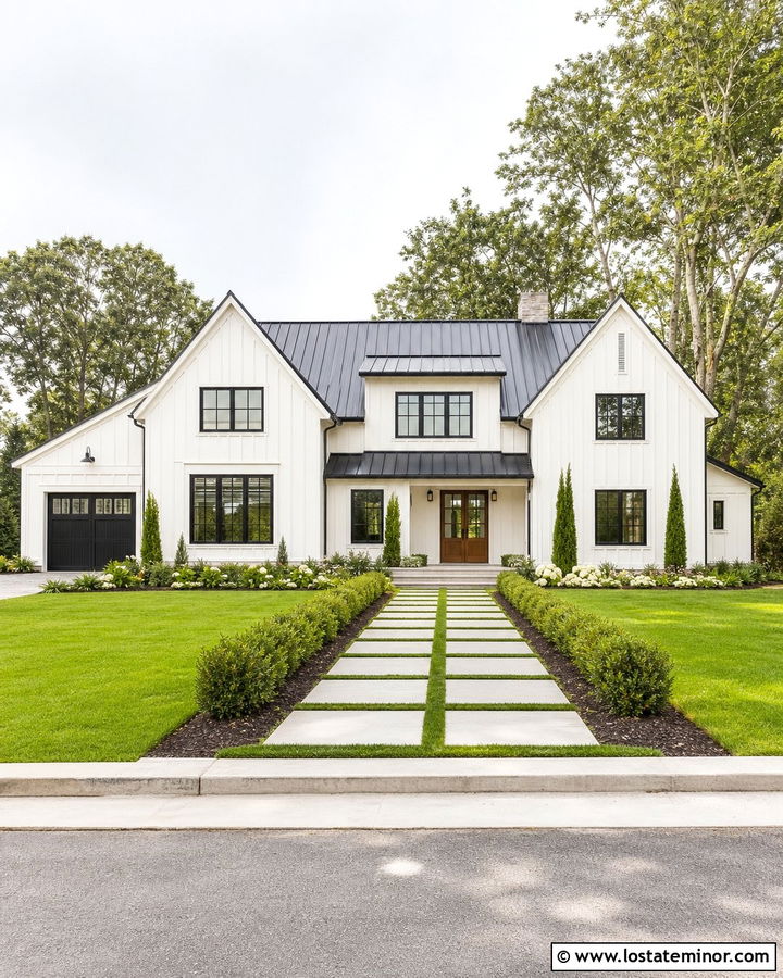 Warm White House With Checkerboard Walkway - 30 Warm White House Design With Walkway Ideas