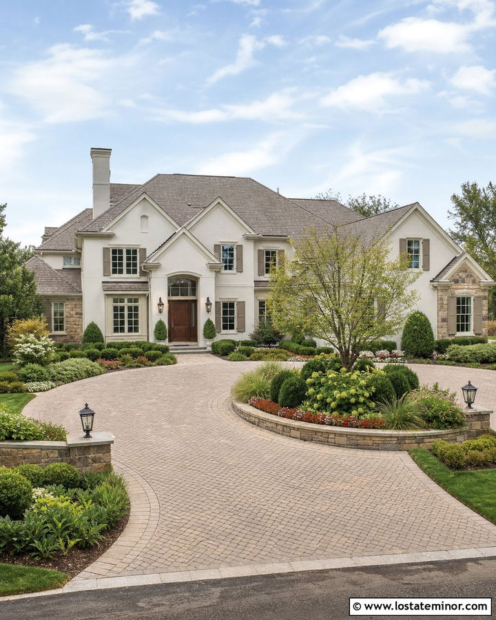 Warm White House With Circular Driveway Garden - 30 Warm White House Design With Front Yard Ideas
