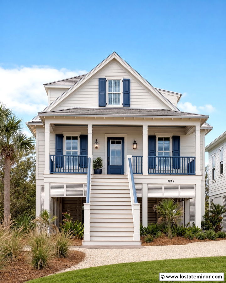 Warm White House With Coastal Blue Trim - 30 Warm White House Design With Trim Ideas