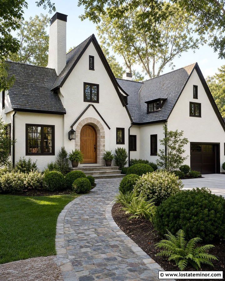 Warm White House With Cobblestone Walkway - 30 Warm White House Design With Walkway Ideas
