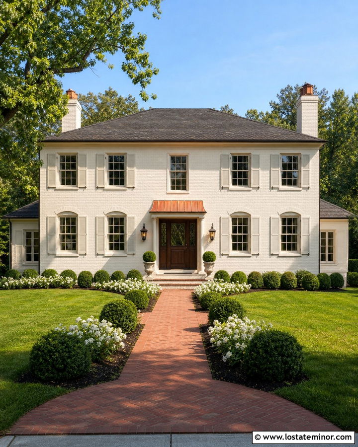 Warm White House With Copper Door Awning - 30 Warm White House Design With Awning Ideas