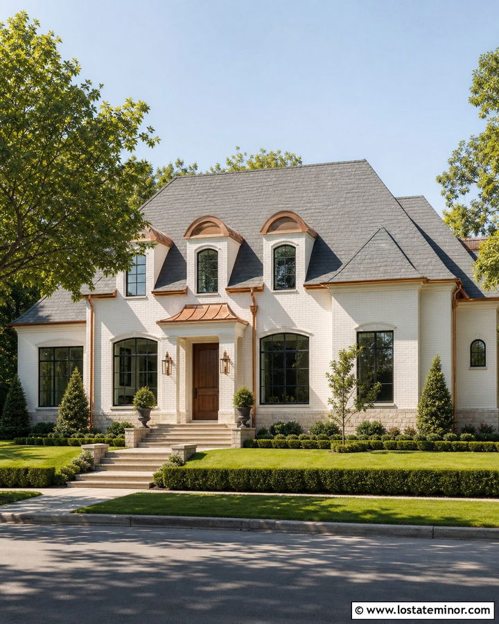 Warm White House With Copper Dormer Roofs - 30 Warm White House Design With Dormers Ideas
