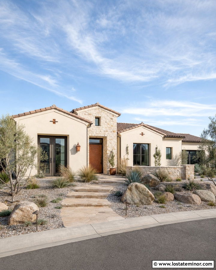 Warm White House With Copper Entry Door - 30 Warm White House Design With Entry Door Ideas