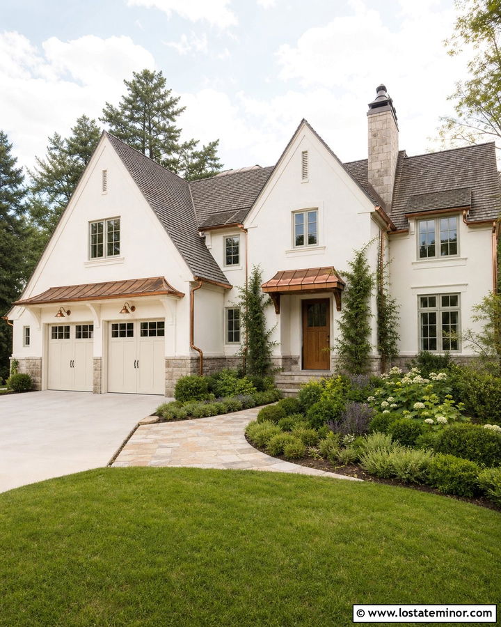 Warm White House With Copper Garage Accents - 30 Warm White House Design With Garage Door Ideas