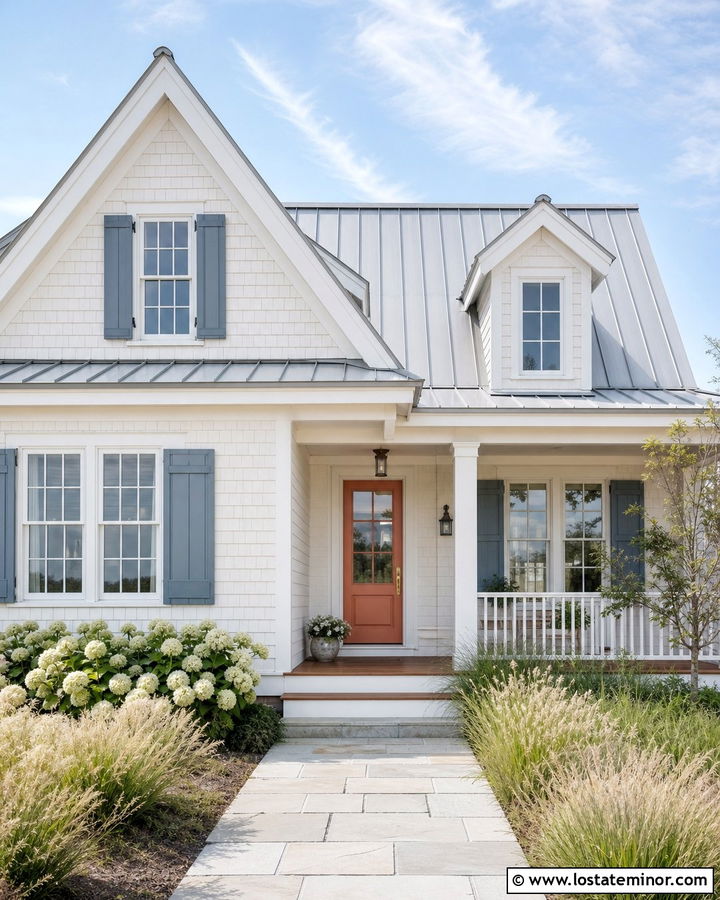 Warm White House With Coral Entry Door - 30 Warm White House Design With Entry Door Ideas