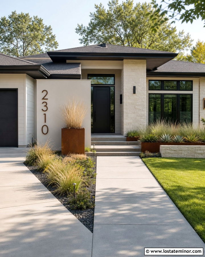 Warm White House With Corten Steel Numbers - 30 Warm White House Design With House Numbers Ideas