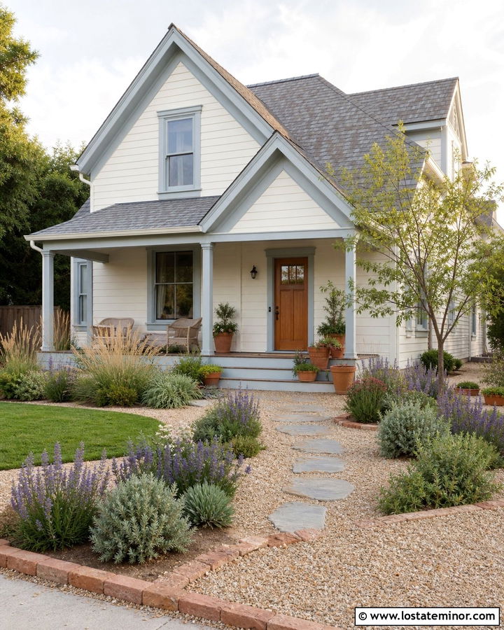 Warm White House With Cottage Gravel Garden - 30 Warm White House Design With Front Yard Ideas